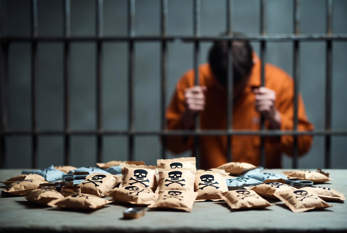 模糊背景中的毒品咖啡包與法槌,象徵法律對新興毒品的嚴格規範